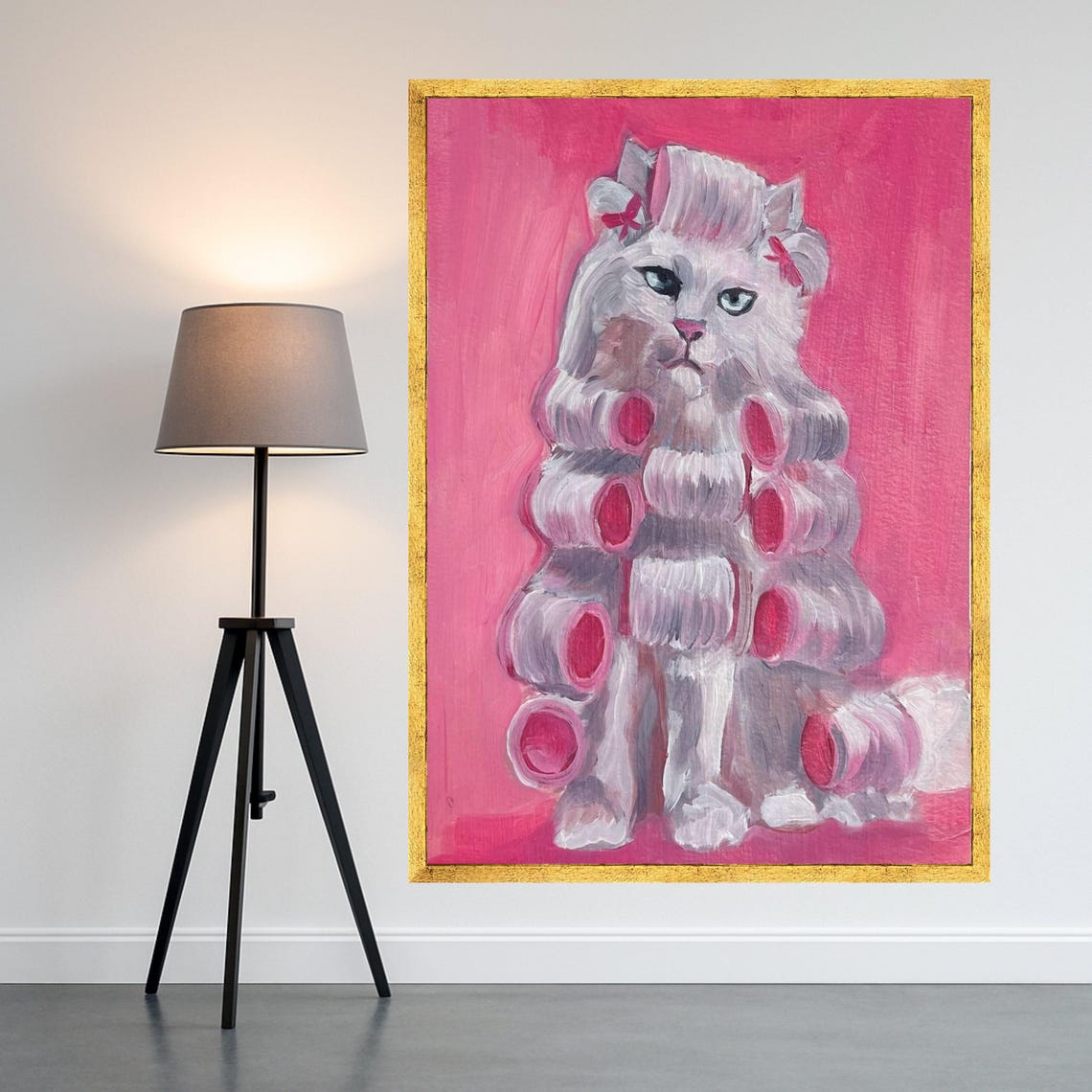 Whimsical White Cat In Pink Hair Rollers Pet Portrait Wall Art