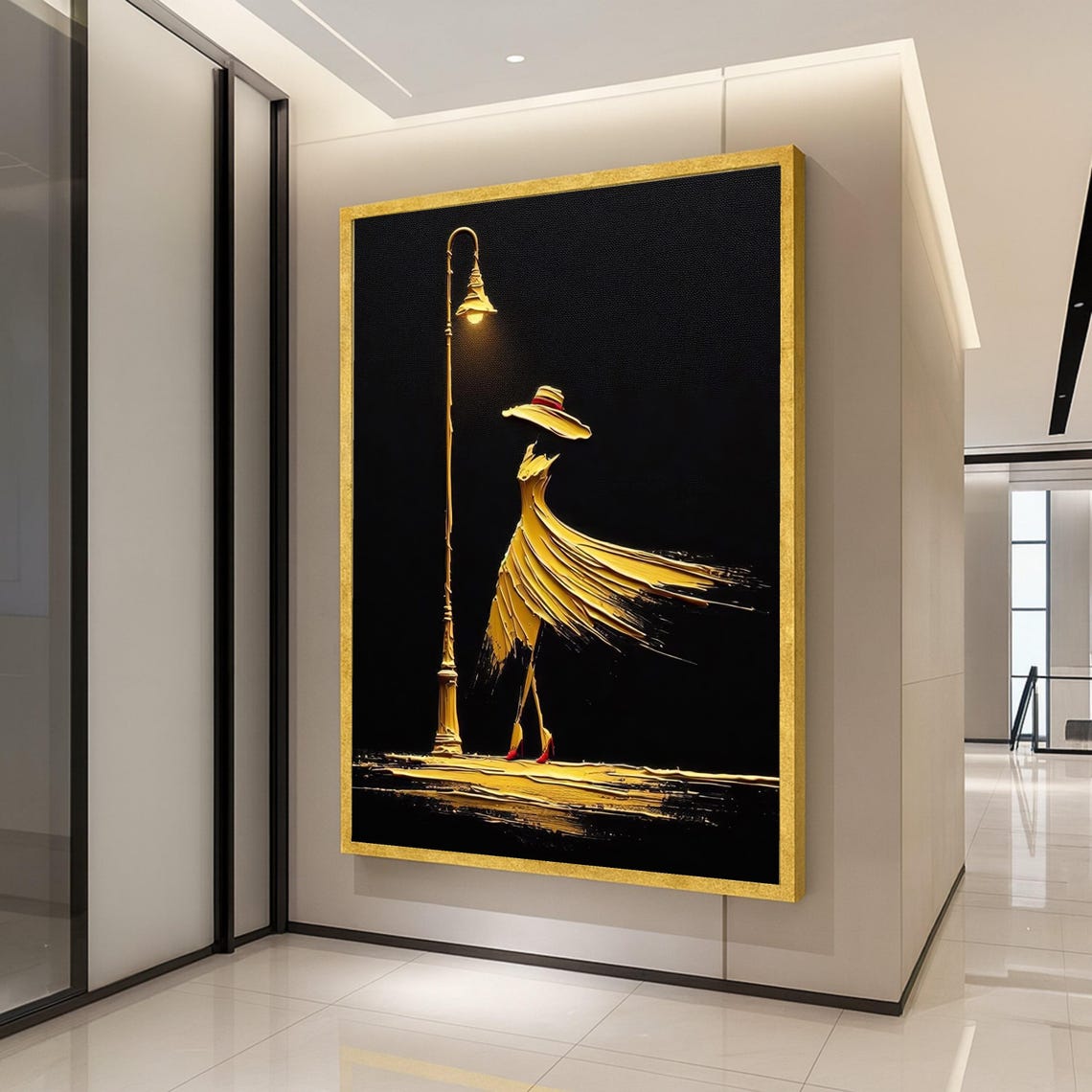 Golden Dress Woman Under Streetlamp Night Black Gold Art Poster