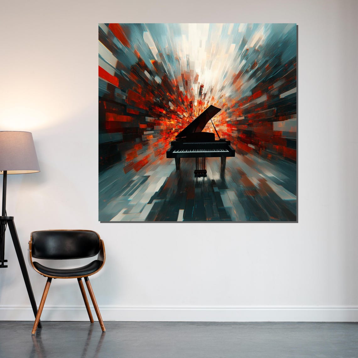 Grand Piano Silhouette in Explosive Red Blue Abstract Art Poster - Image 2