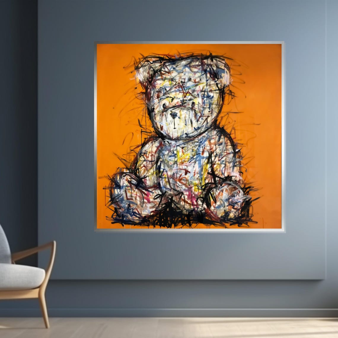 Scribble Teddy Bear Orange Background Playful Abstract Art Poster - Image 4