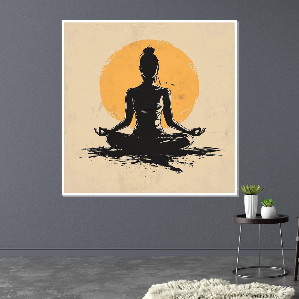 Meditating Woman Golden Sun Beige Minimalist Yoga Art Poster - Image 3