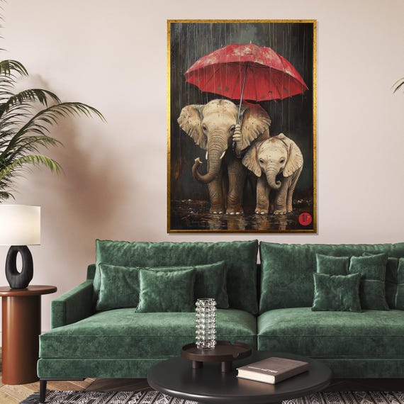 Elephants With Red Umbrella Mother And Baby Elephant Art Animal Wall Decor Unique Design Ready To Hang Decoration
