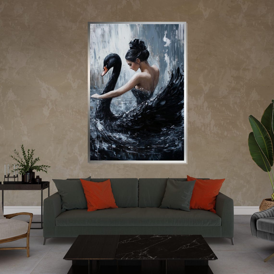 Woman Embracing a Black Swan Dark Elegant Artistic Portrait Poster - Image 4
