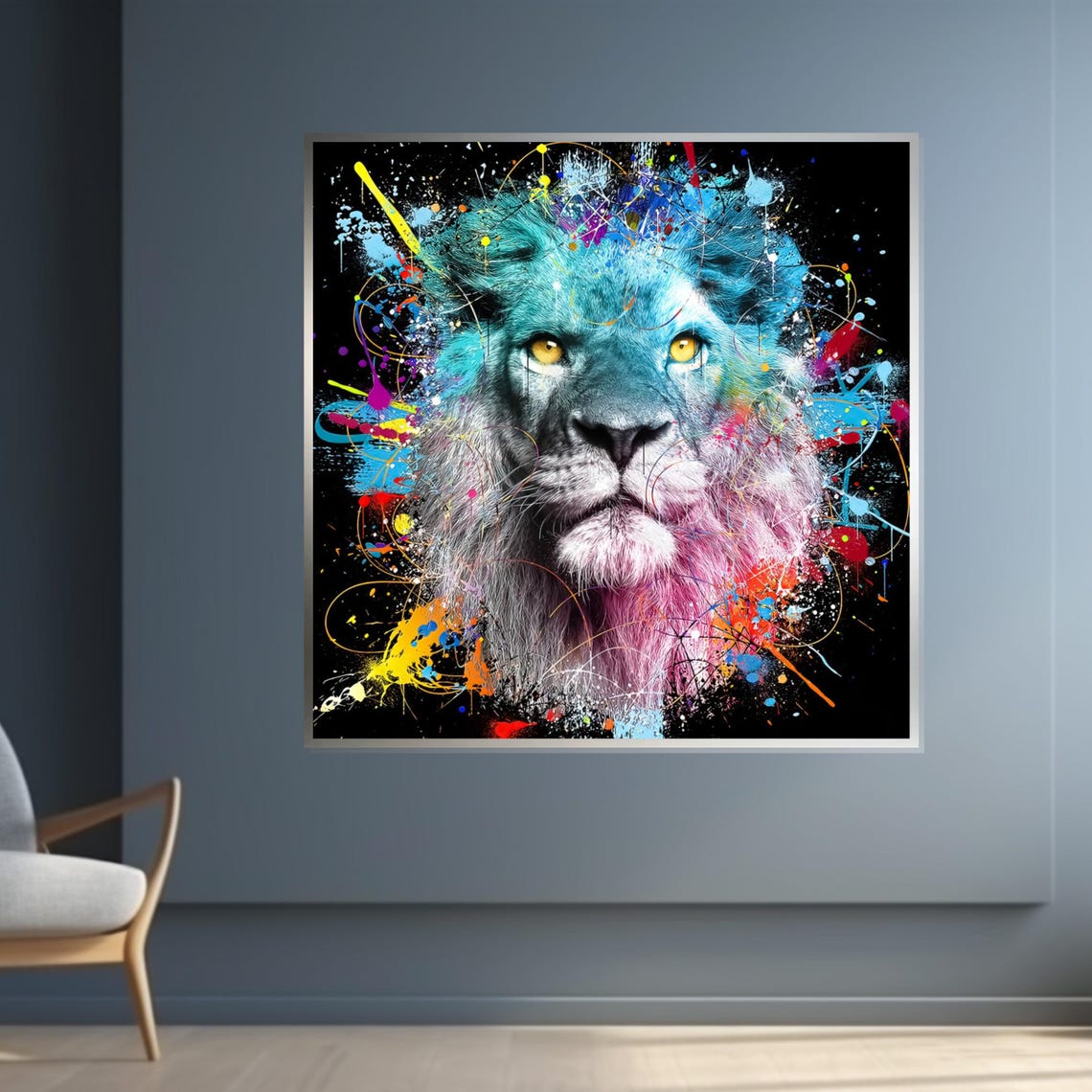 Blue Lion Paint Splash Pop Art Multicolor Animal Portrait Poster - Image 4