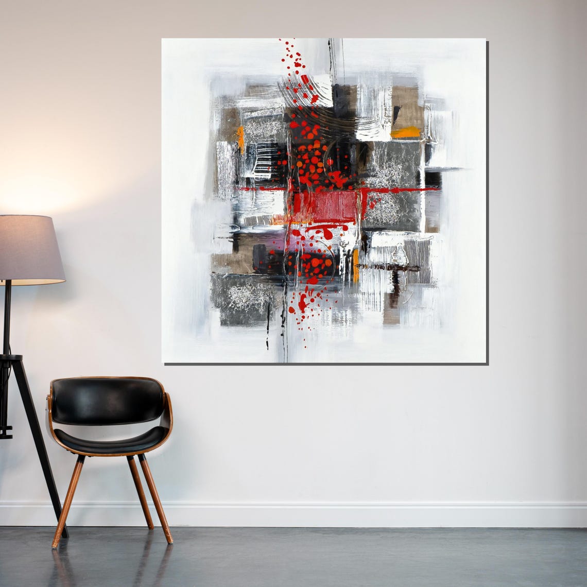Bold Red Splash Abstract Gray Geometric Modern Minimal Art Poster - Image 2