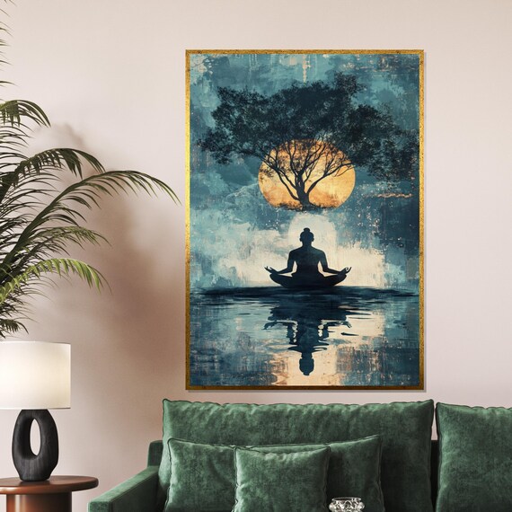 Moonlit Meditation Silhouette Tree and Lake Modern Yoga Art Poster