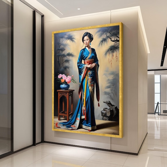 Elegant Asian Woman Blue Gown Pine Trees Oriental Portrait Poster