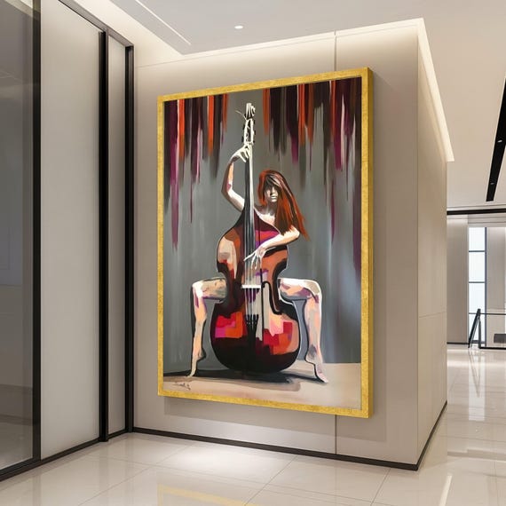Abstract Woman Playing Double Bass Canvas Contemporary Music Art Modern Wall Decor Colorful Instrument Painting Artistic Ready To Hang
