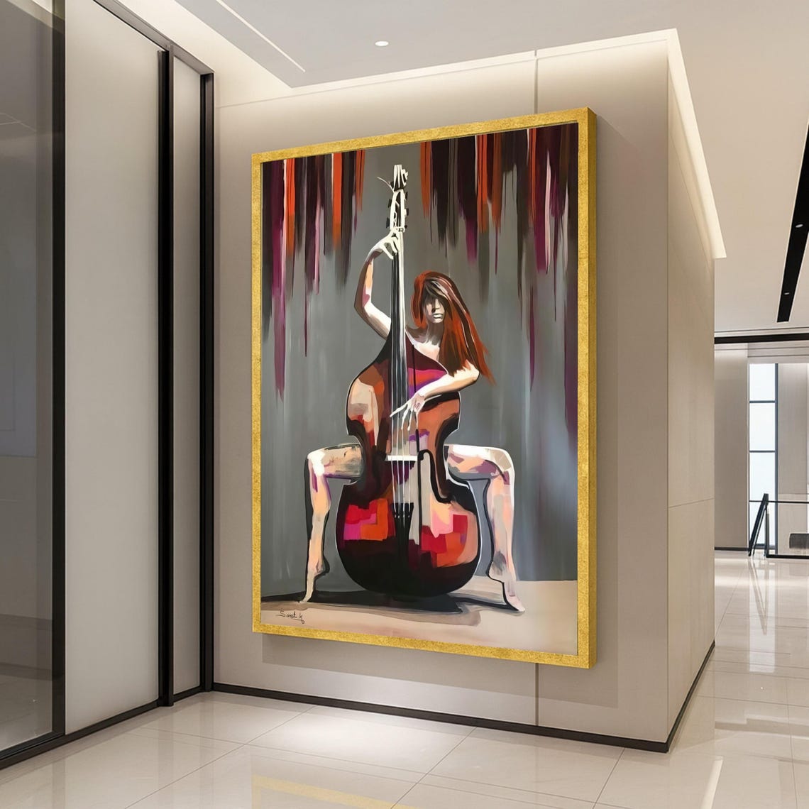Woman Playing Double Bass Colorful Jazz Music Abstract Art Poster