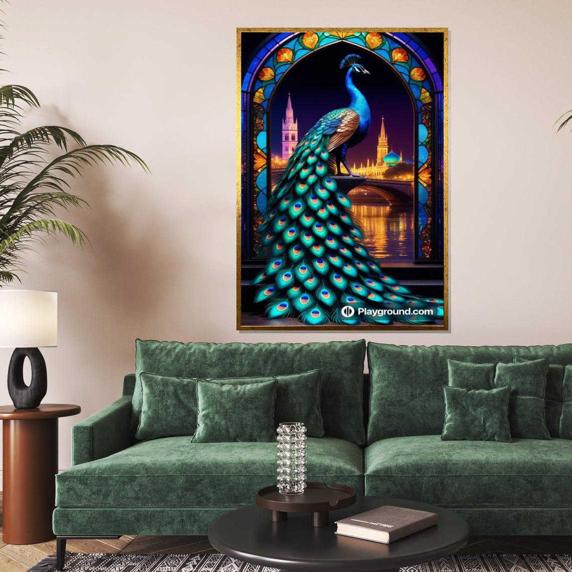 Peacock in Stained Glass Arch Night City Lights Bird Decor Poster