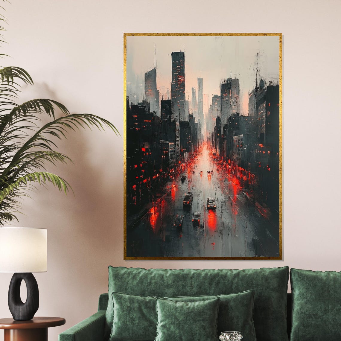 Moody Rainy City Street at Night With Red Lights Cityscape Poster