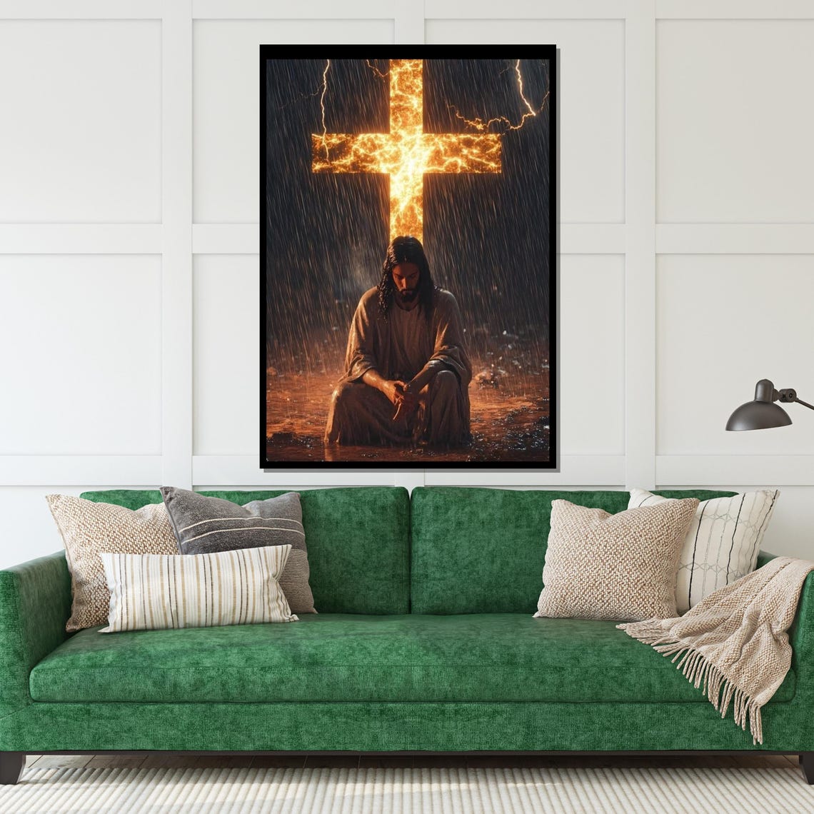Jesus Kneeling Before Fiery Cross In Rain Christian Faith Wall Art - Image 5
