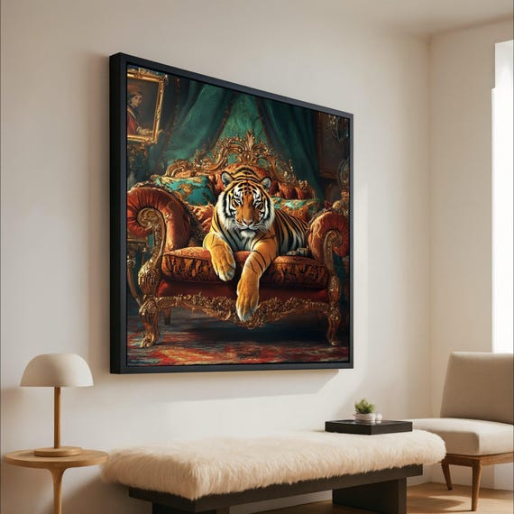 Tiger On Royal Sofa Canvas Print Luxury Jungle Wall Art Ready To Hang Bold Animal Decor Statement Decoration