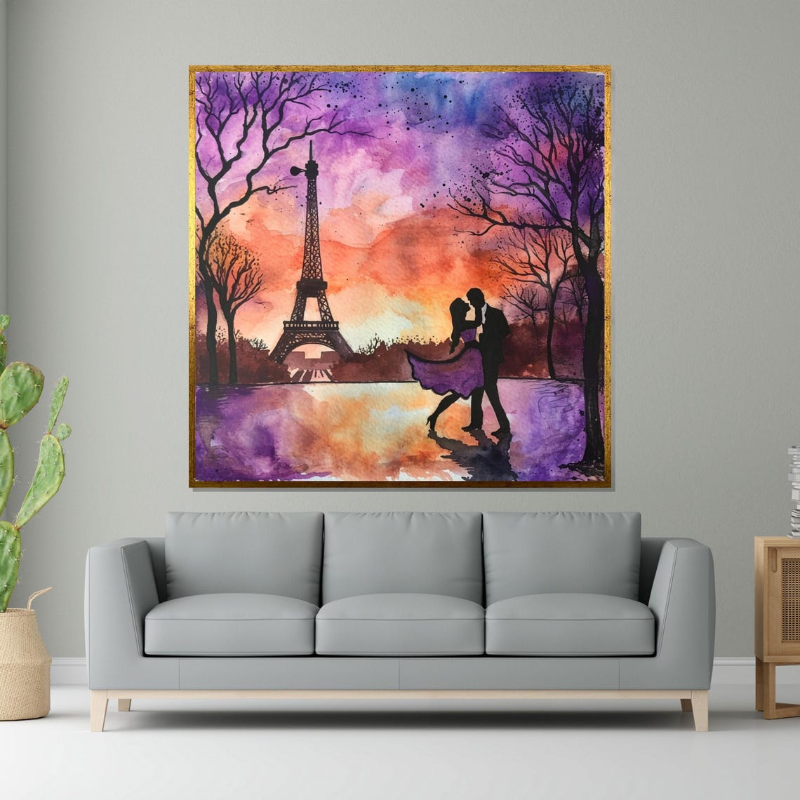 Paris Lovers Eiffel Tower Sunset Watercolor Romantic Kiss Poster
