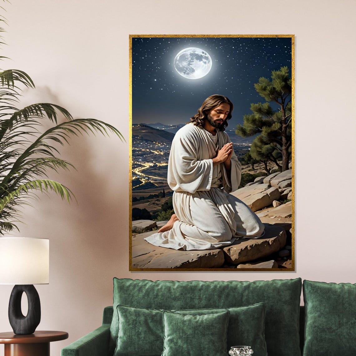 Jesus Praying Under Full Moon Night Mountain Christian Wall Art
