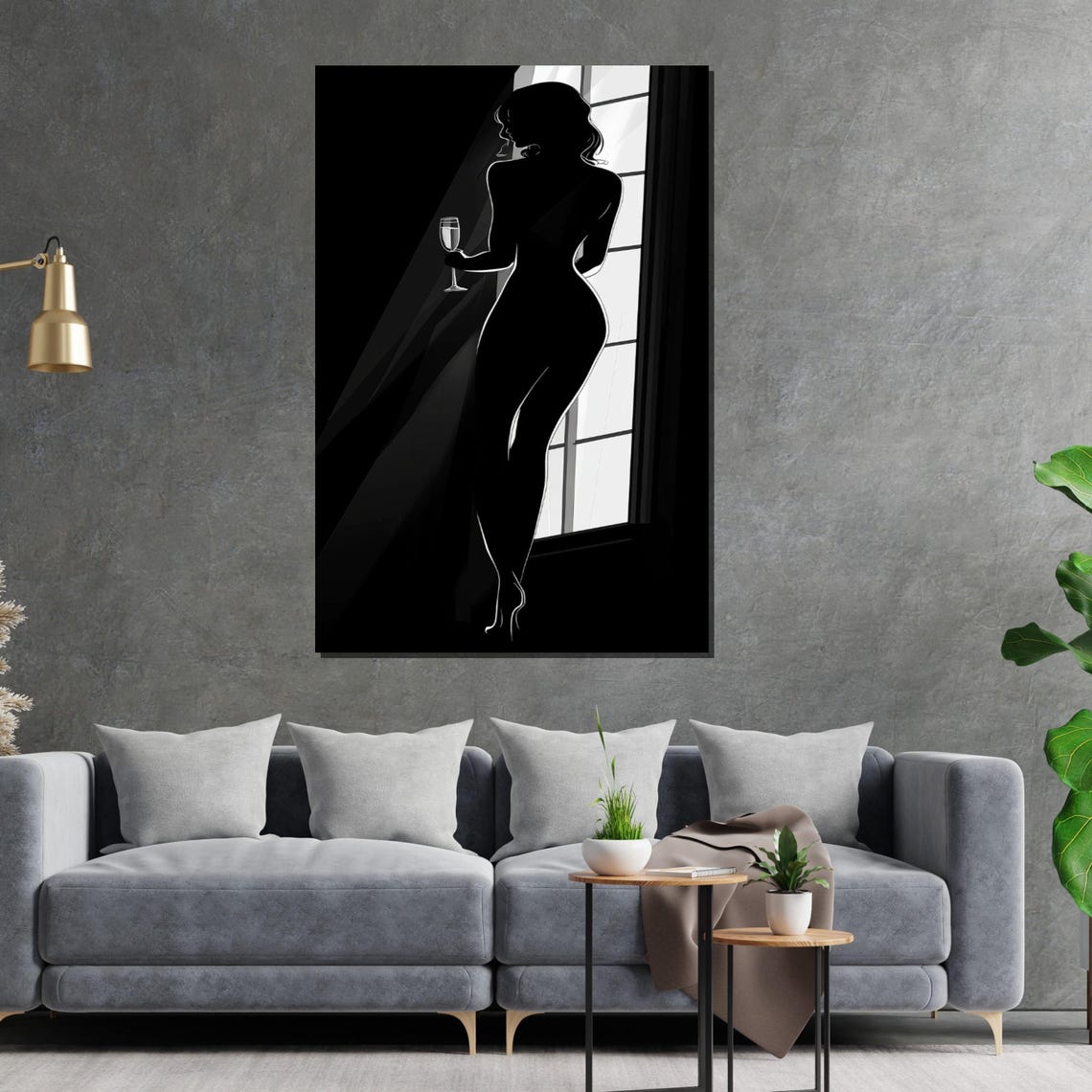 Elegant Silhouette Woman With Wine Glass By Window Noir Style Poster - Image 2