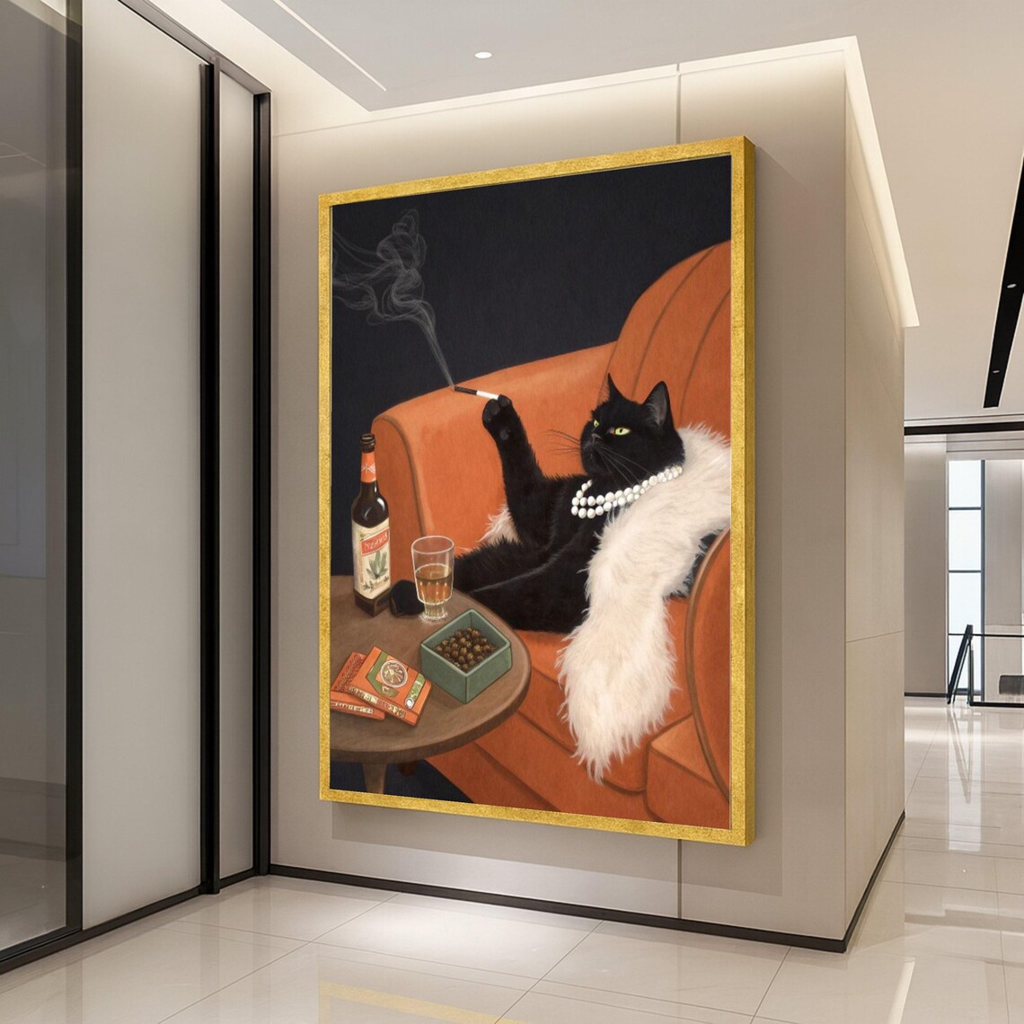Elegant Black Cat Art Print, Glamorous Decor