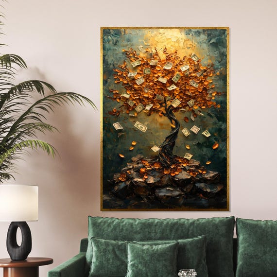 Money Tree Canvas Prosperity Art Financial Wall Abstract Design Riches Poster Ready To Hang Decor