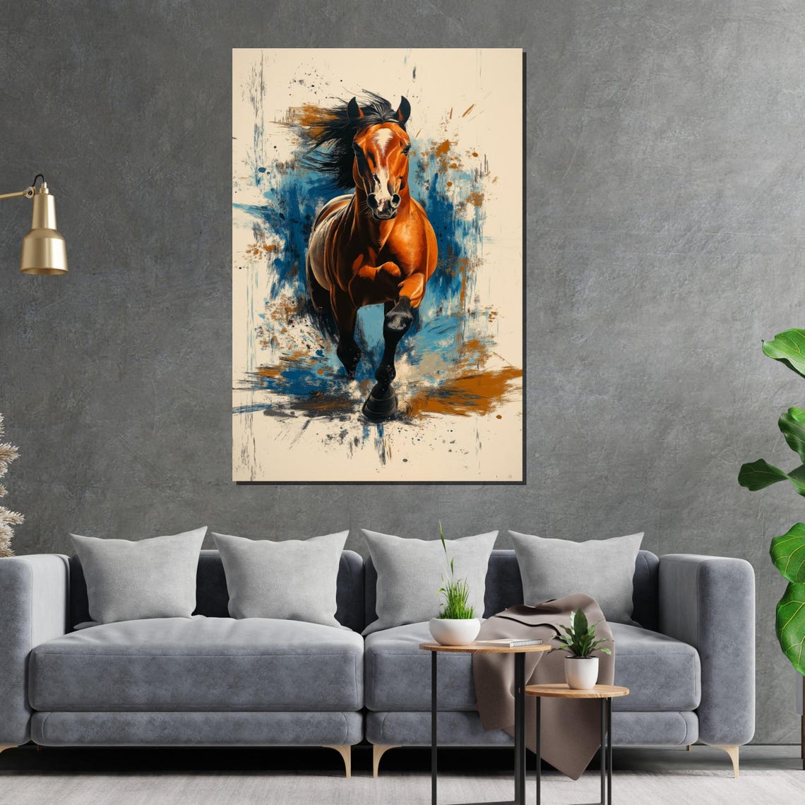 Chestnut Horse Galloping Forward Blue Orange Splash Equine Poster - Image 2
