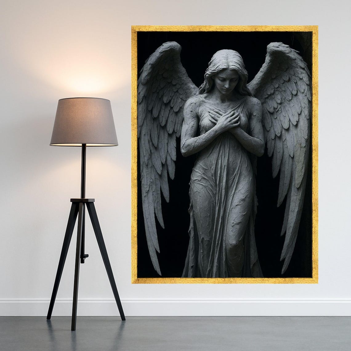Praying Angel Statue Gothic Sculpture Dark Spiritual Art Poster