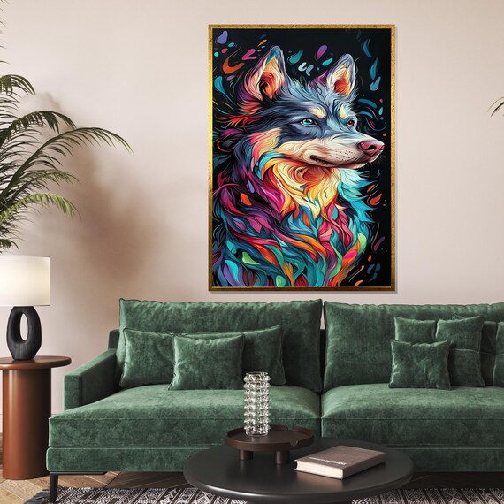 Colorful Wolf Portrait Neon Abstract Swirls Modern Canine Art Poster
