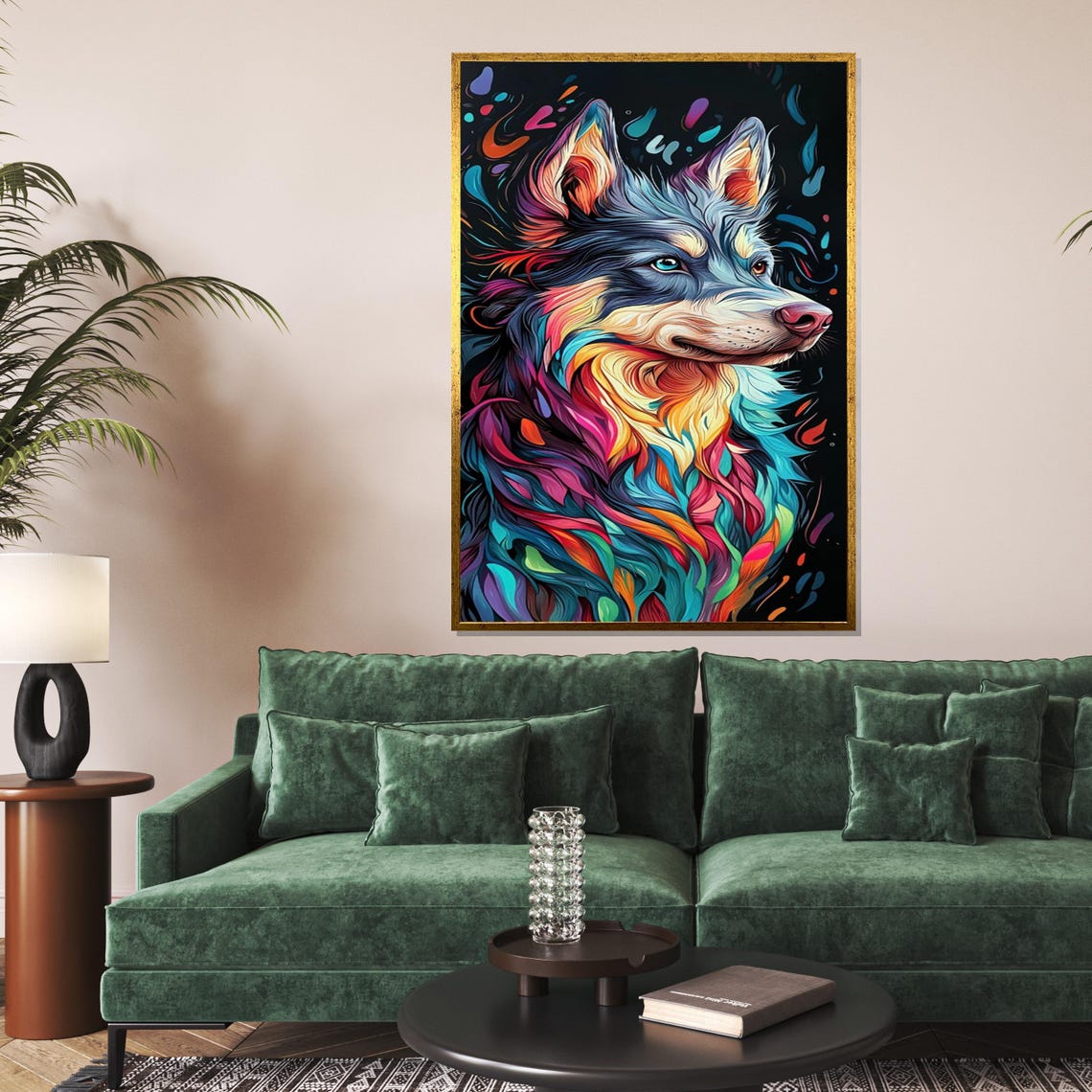 Colorful Wolf Portrait Neon Abstract Swirls Modern Canine Art Poster
