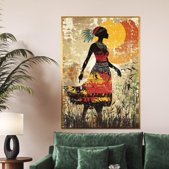Tribal Silhouette Wall Art Ethnic Female Figure Print Cultural Wall Decor Vibrant Colors Framed Ready To Hang