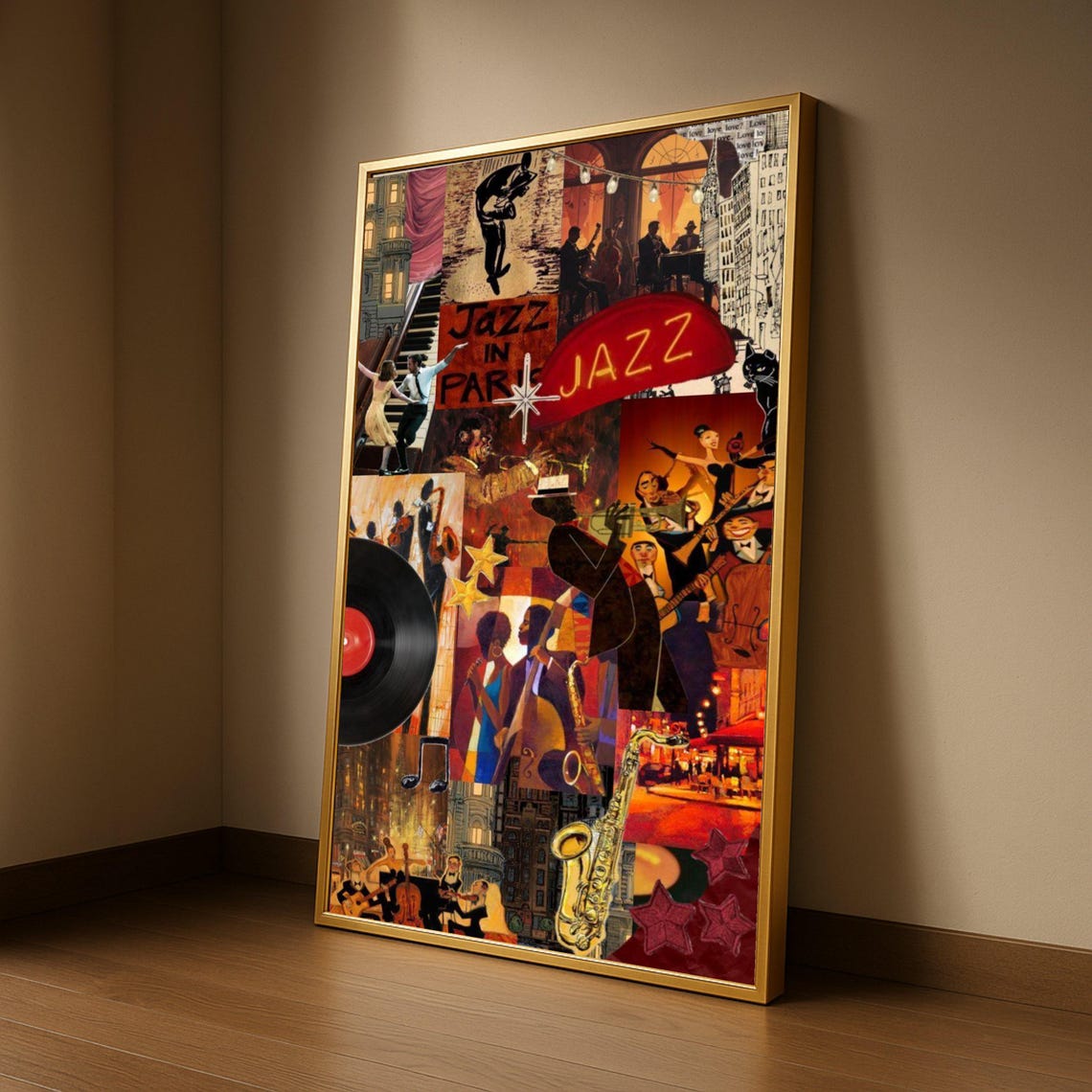 Jazz in Paris Vintage Collage Musicians Saxophone Vinyl Poster