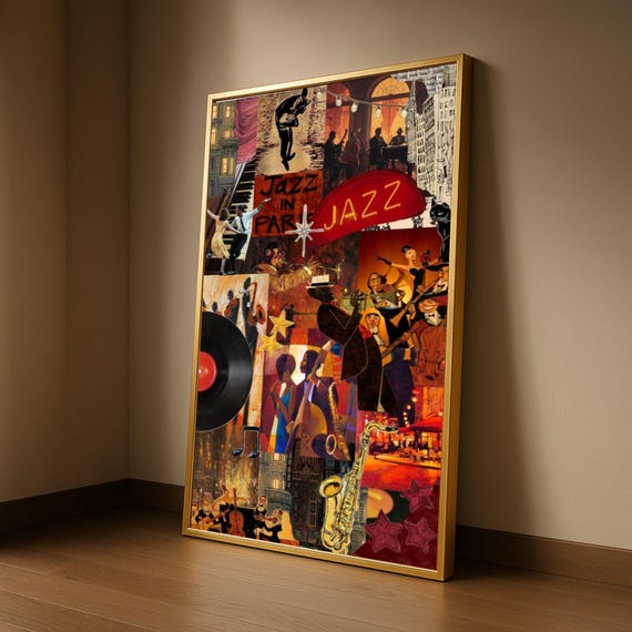 Vibrant Jazz Night Collage Canvas Musician Silhouettes Wall Art Retro Vinyl Record Design Saxophone And Dance Scene Urban Ready To Hang