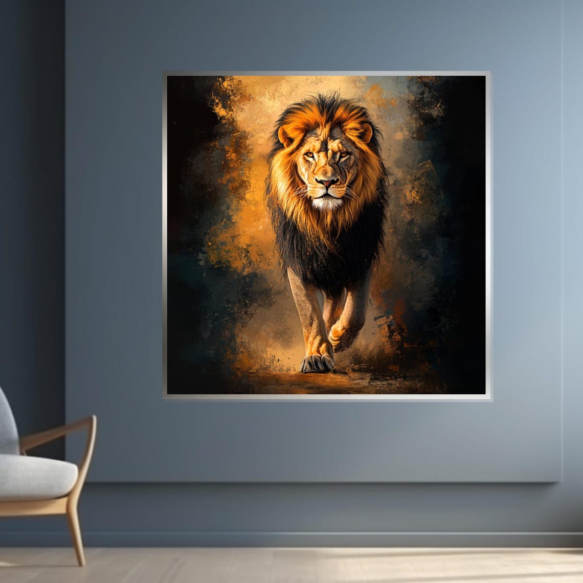 Lion Walking Forward Darkness Dramatic Gold Wildlife Art Poster - Image 4
