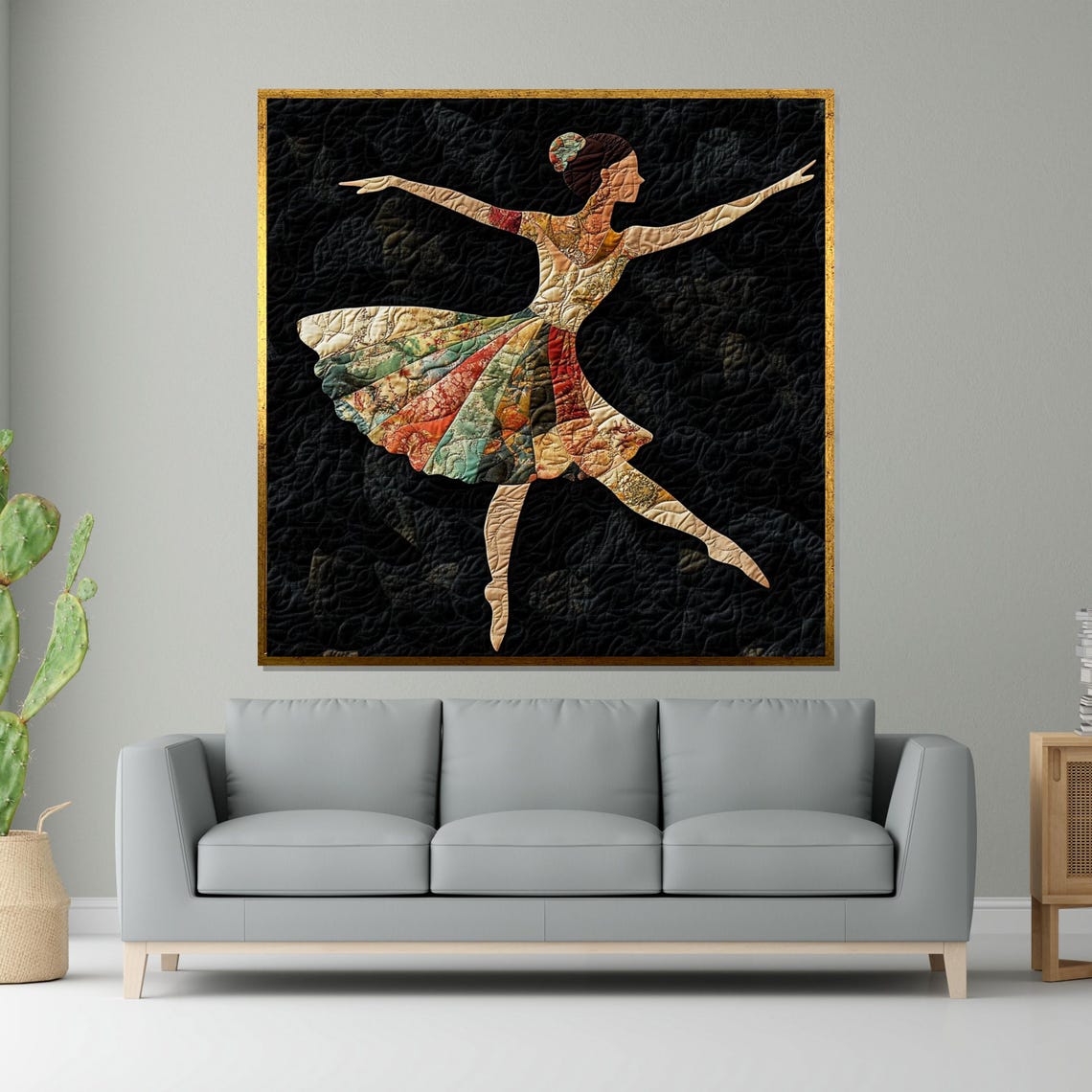 Quilted Patchwork Ballerina Map Skirt Black Background Folk Art Poster