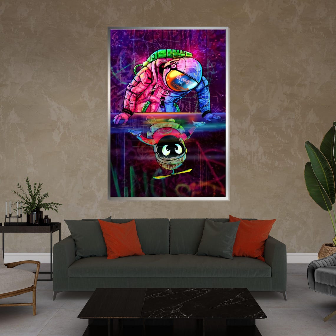 Astronaut Reaching Toward Alien Psychedelic Neon Space Art Poster - Image 3