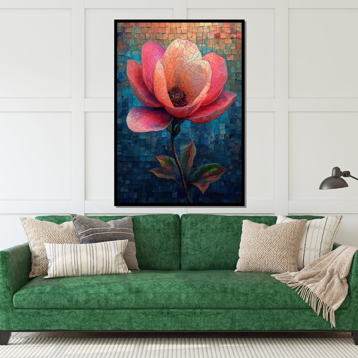 Pink Magnolia Mosaic Art Blue Background Floral Design Poster - Image 5