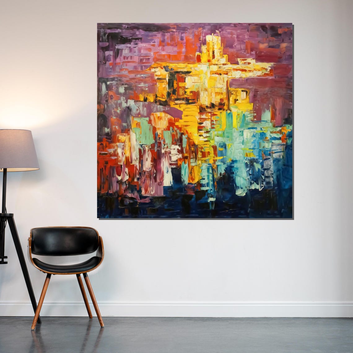 Abstract Cityscape Sunset Impasto Golden Purple Brushstroke Print - Image 2