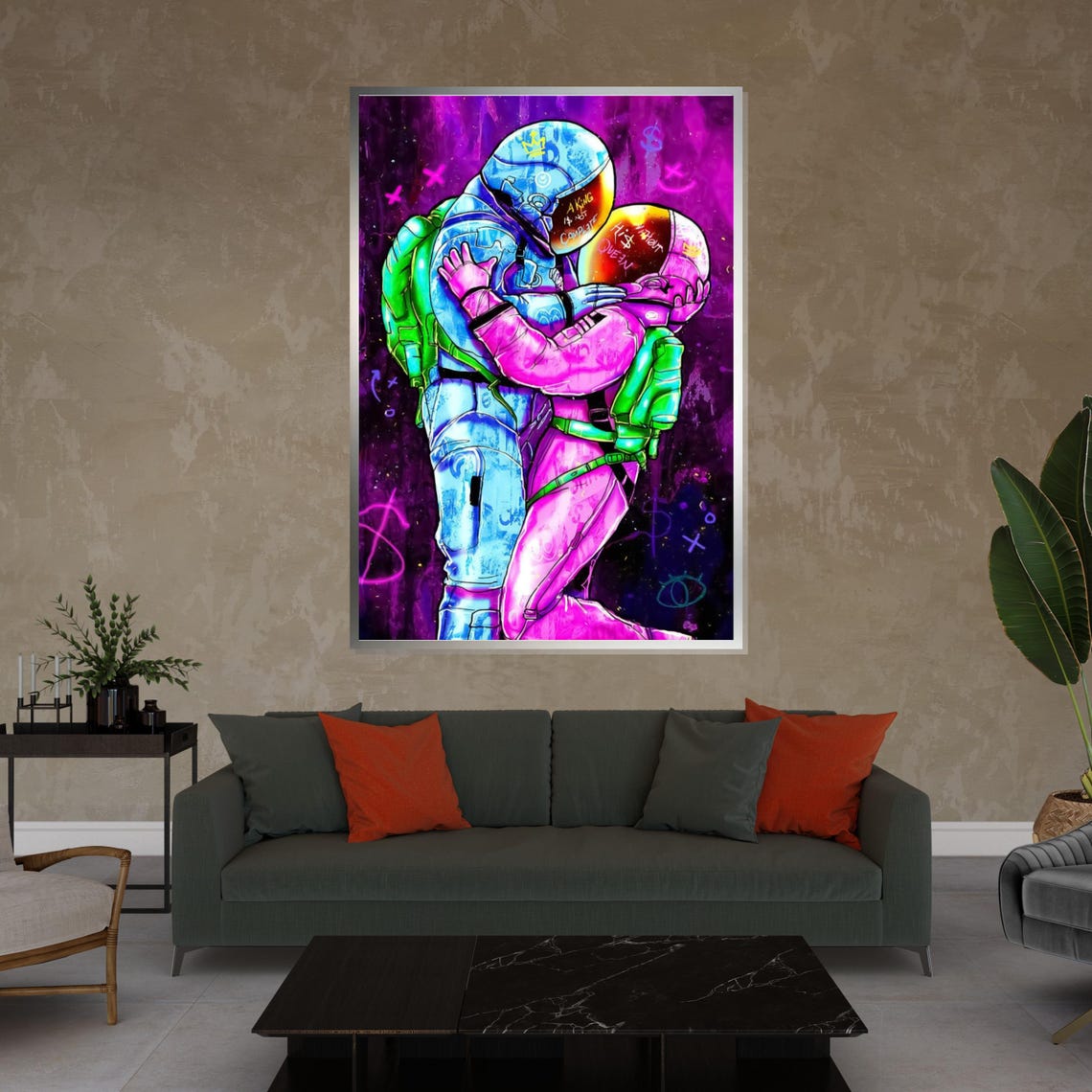 Neon Astronaut Couple Embrace Cosmic Love Graffiti Style Poster - Image 4