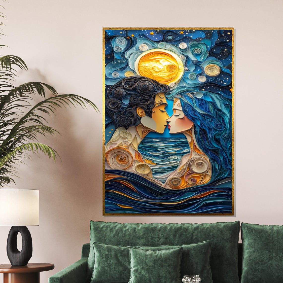 Beautiful Quilled Paper Lovers Kissing Under Moon Night Art Poster