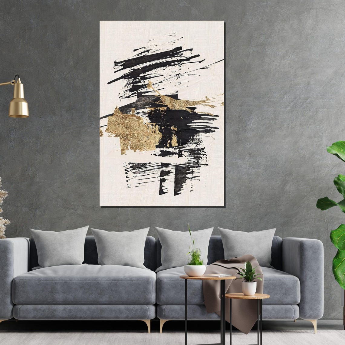 Dramatic Black Gold Brushstrokes White Modern Abstract Print - Image 2