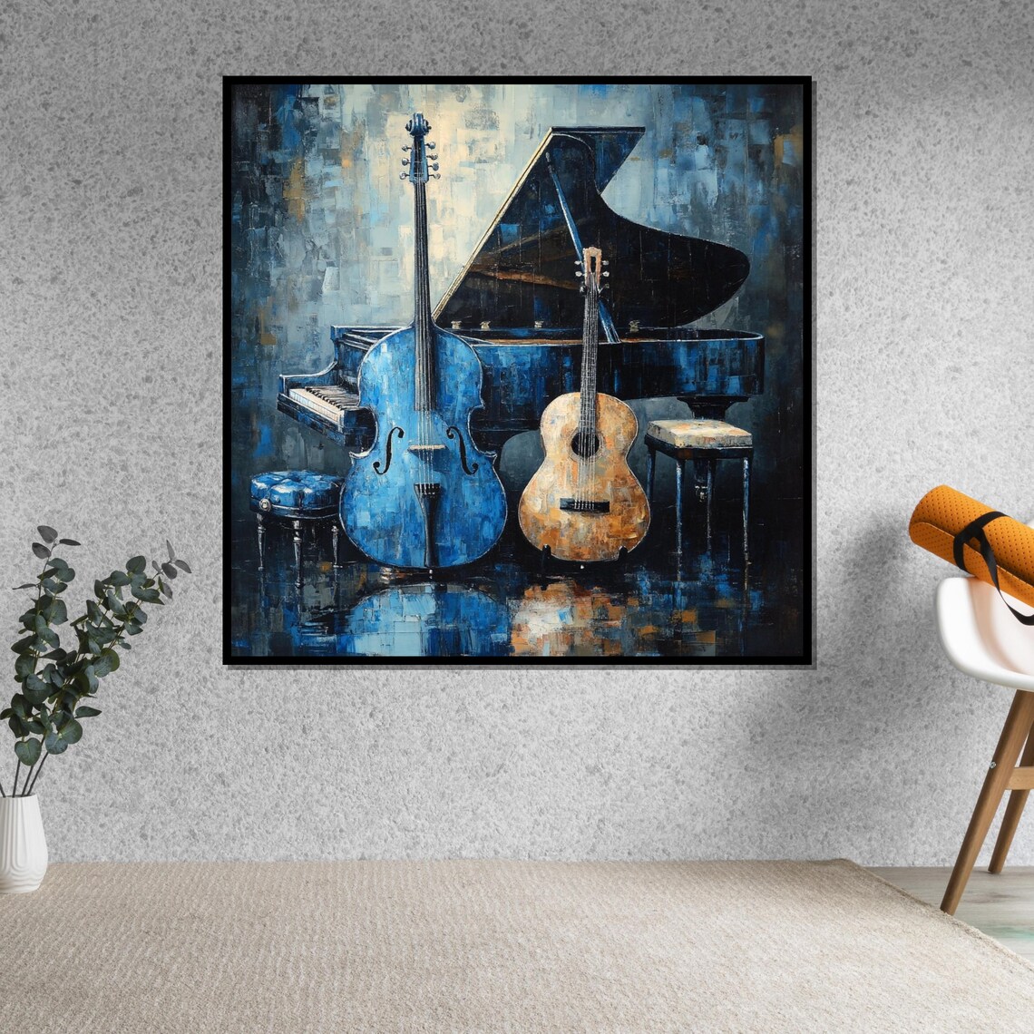 Musical Harmony Blue Cello, Acoustic Guitar, Piano Art Print - Image 5