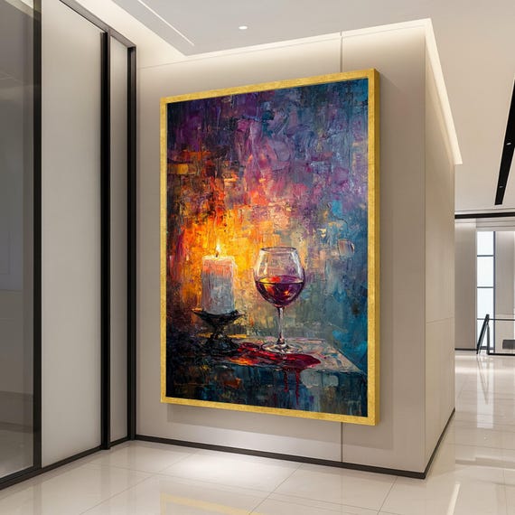 Romantic Candlelight And Red Wine Glass Canvas Abstract Wall Art Cozy Home Decor Evening Ambiance Painting Ready To Hang