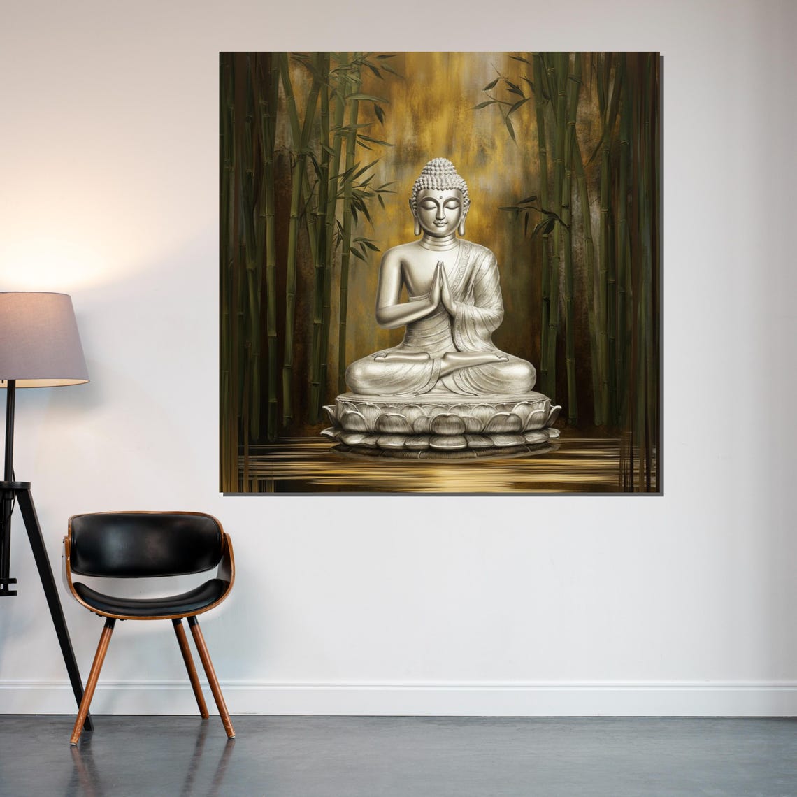 Silver Buddha in Bamboo Forest Golden Light Spiritual Art Poster - Image 2