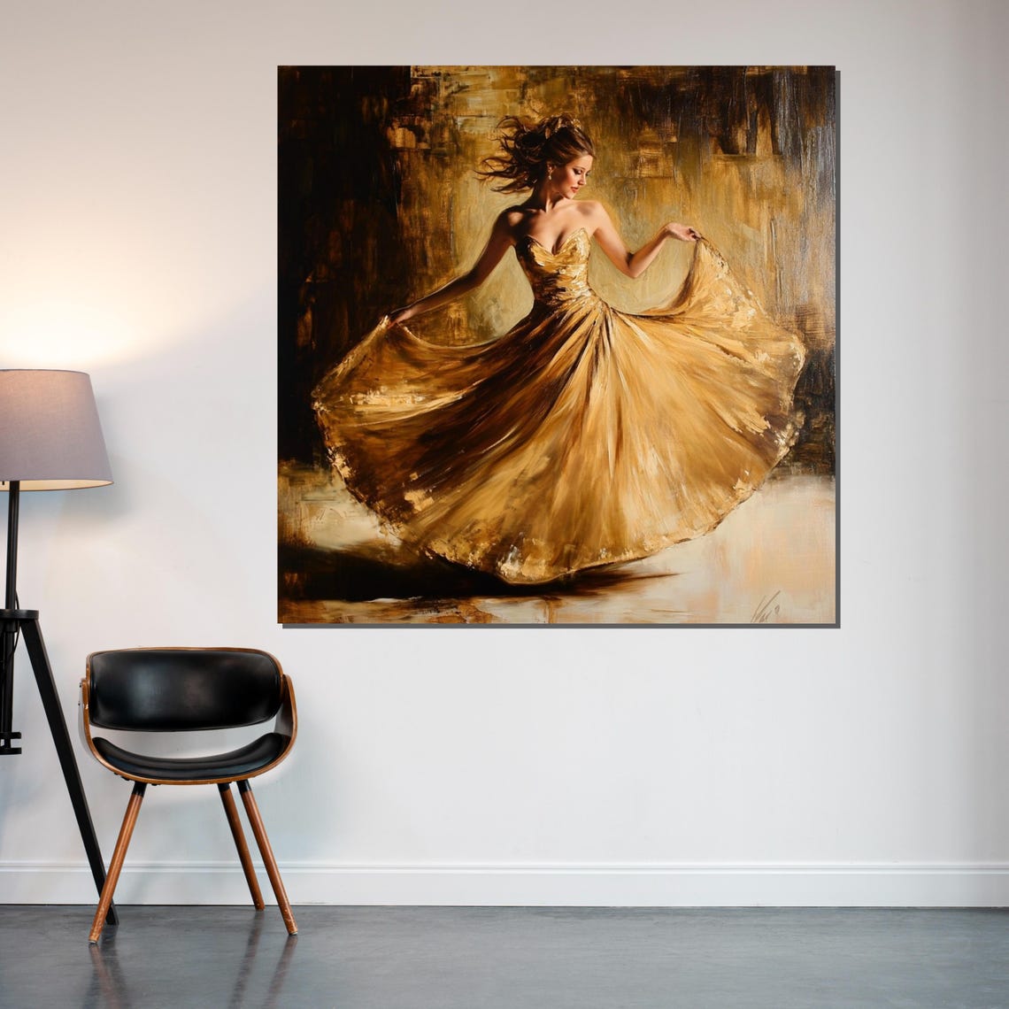 Golden Dancer Elegant Woman Twirling in a Shimmering Gold Gown Poster - Image 2
