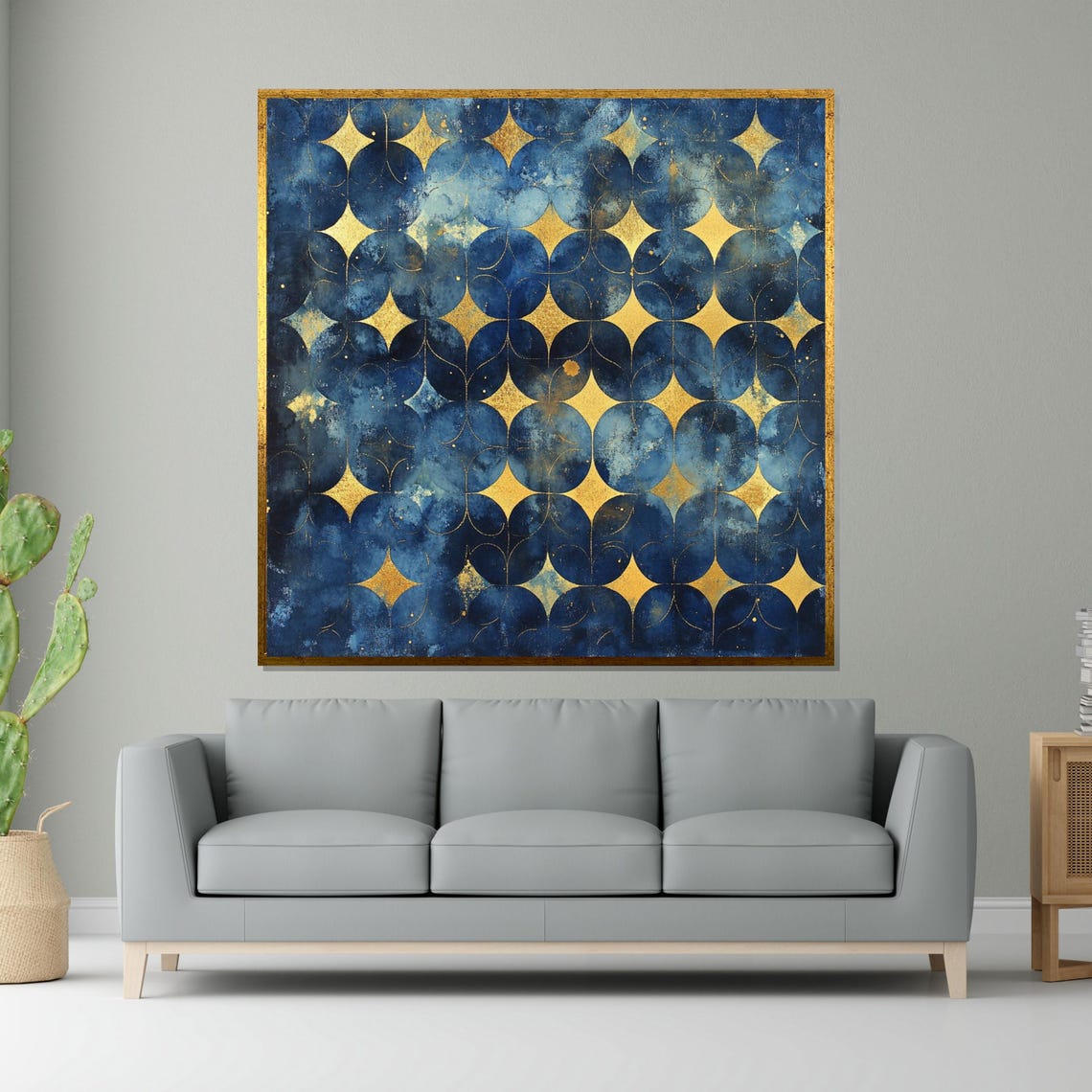 Navy Blue Gold Star Mosaic Geometric Abstract Decorative Poster
