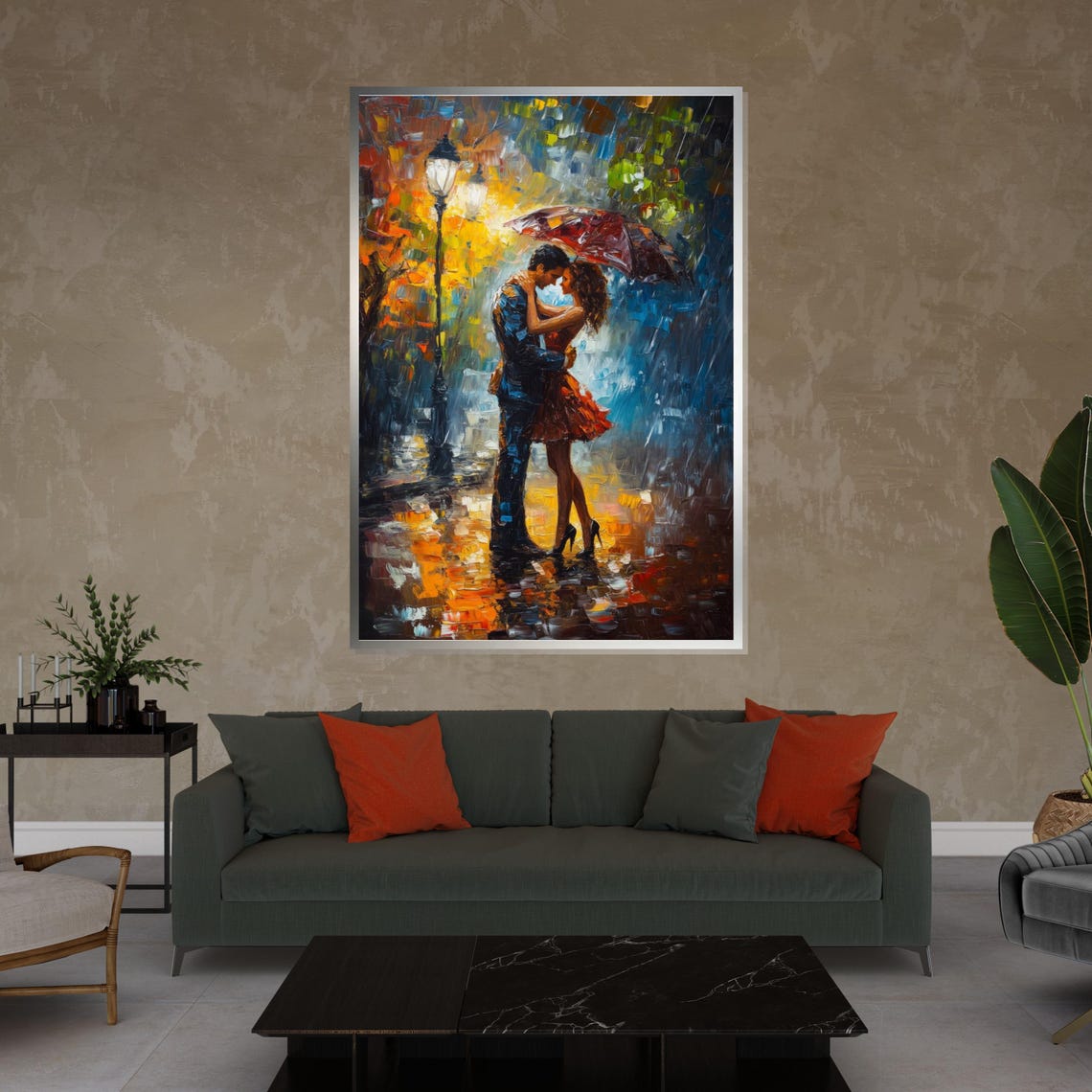 Lovers Under Red Umbrella Rainy Night Impressionist Love Poster - Image 4
