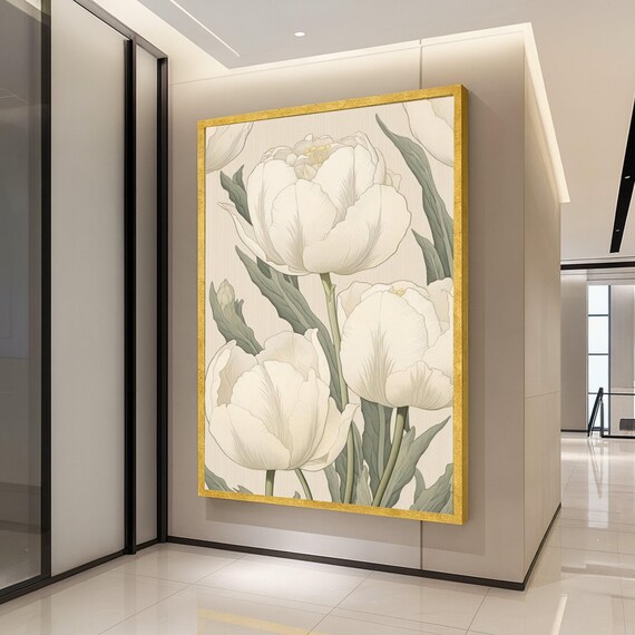 White Tulip Botanical Illustration Cream Elegant Floral Art Poster