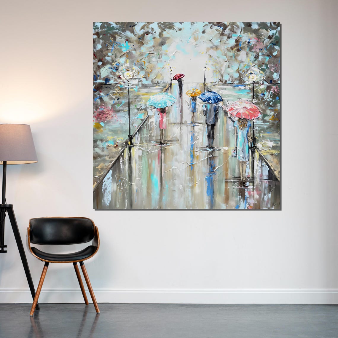 Rainy Day Colorful Umbrella Walkway Impressionist City Scene Poster - Image 2