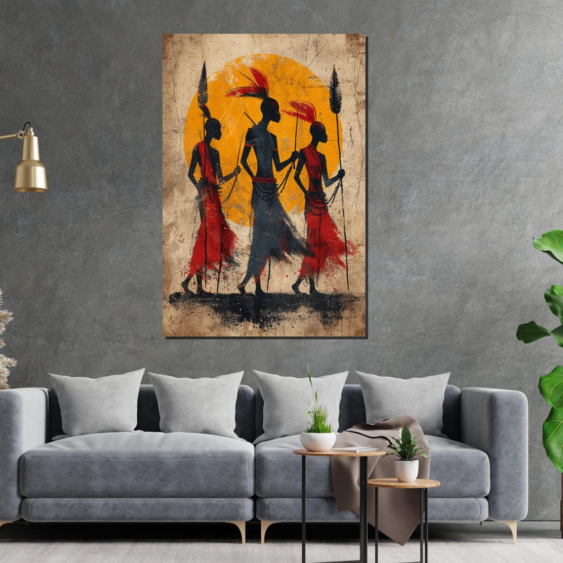 Tribal Warriors Silhouette Spears Orange Sun Ethnic Art Poster - Image 2
