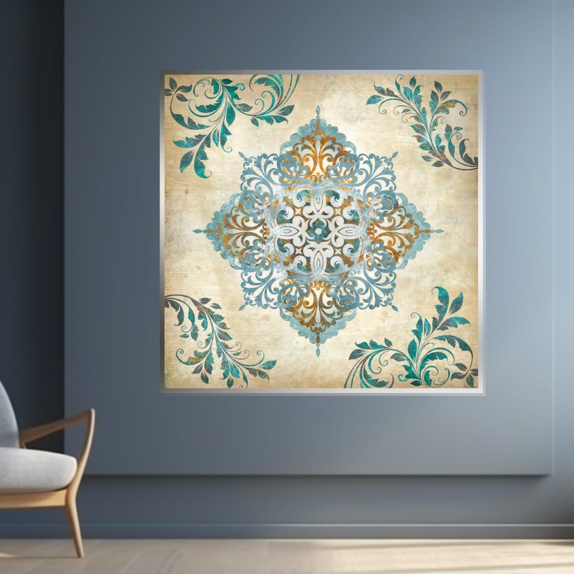 Vintage Blue Gold Ornamental Mandala Filigree Medallion Wall Art - Image 4