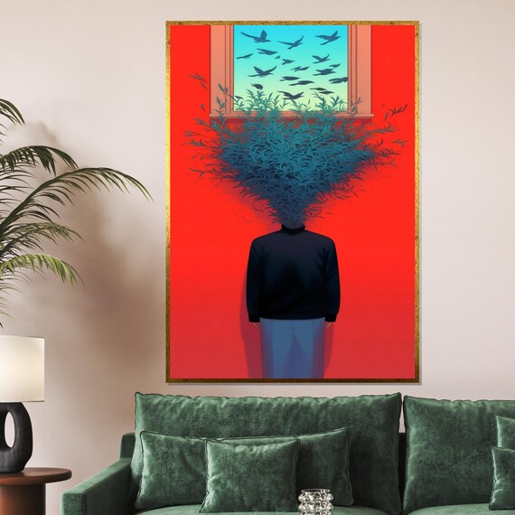 Surreal Mind Bloom Head of Leaves Birds Taking Flight Red Art Poster