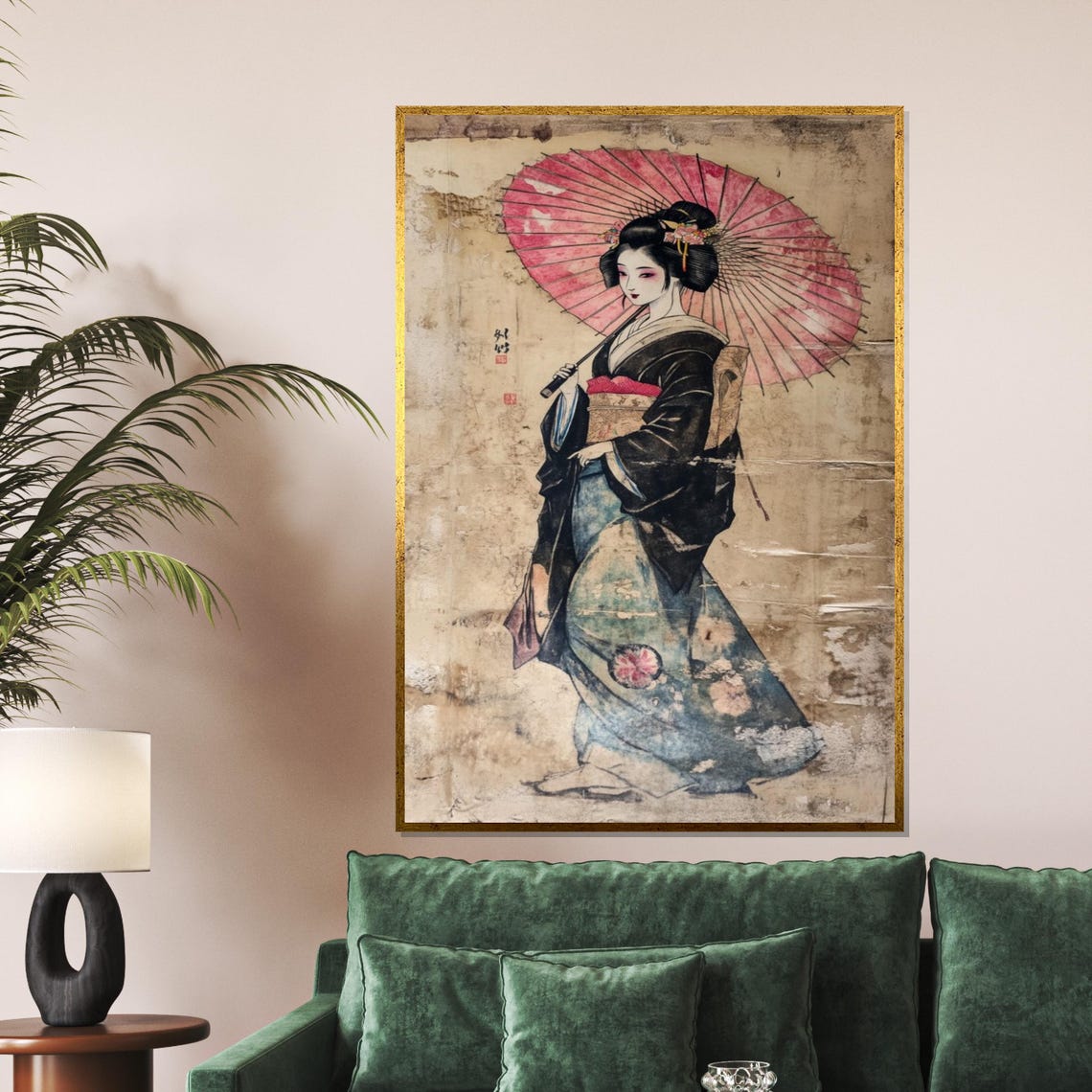Geisha Pink Parasol Vintage Japanese Woodblock Style Art Poster