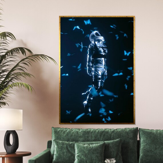 Silver Astronaut Floating Among Blue Butterflies Cosmic Dark Poster